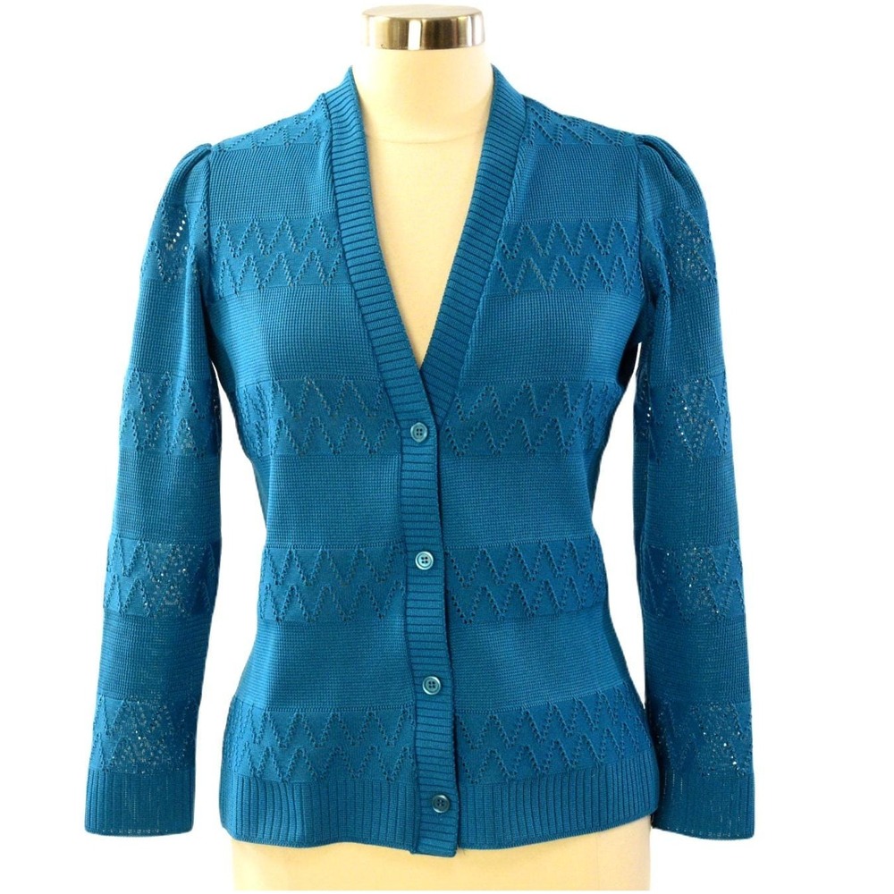 1970s Franco Verdi Teal Patterned Knit Cardigan Top Geometric Open Knit Womens L
